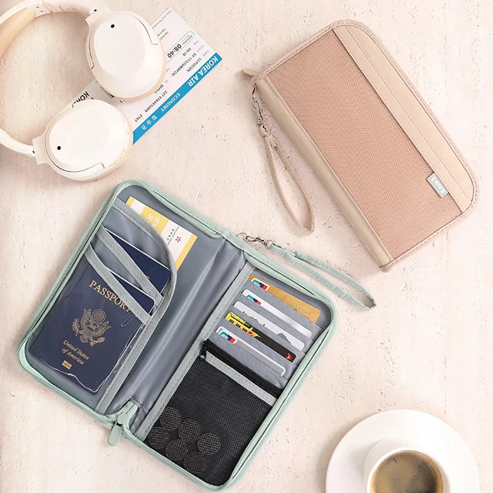 RFID Blocking Passport Holder Travel Document Organizer with Wrist Strap Multifunctional Zippered Wallet for Airline Tickets Car