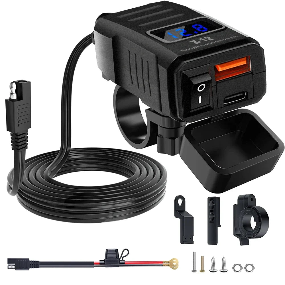 Motorcycle Vehicle-Mounted Charger Waterproof Adapter 12V-24V Phone USB PD Ports Quick Charge 3.0 With Switch Digital Voltmeter