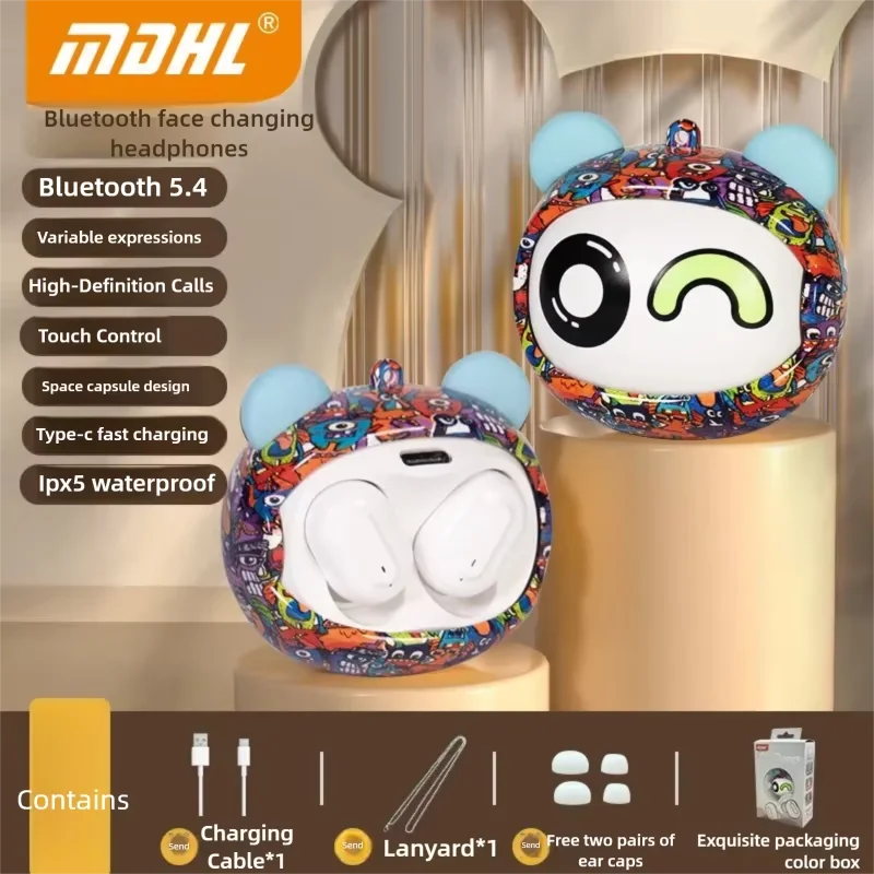 Cute Face changing TWS Bluetooth 5.4 Earbuds ENC Noise Reduction Waterproof HIFI Stereo Earphones for iOS Android Kids