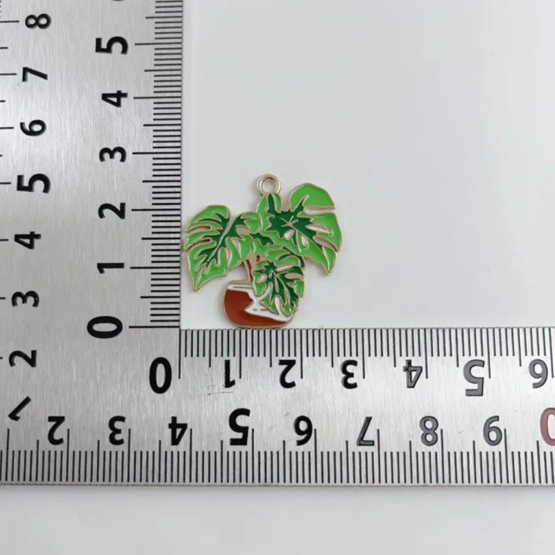 10pcs green succulent potted DIY accessories, banana leaf alloy pendants, keychains, earrings, hair accessories