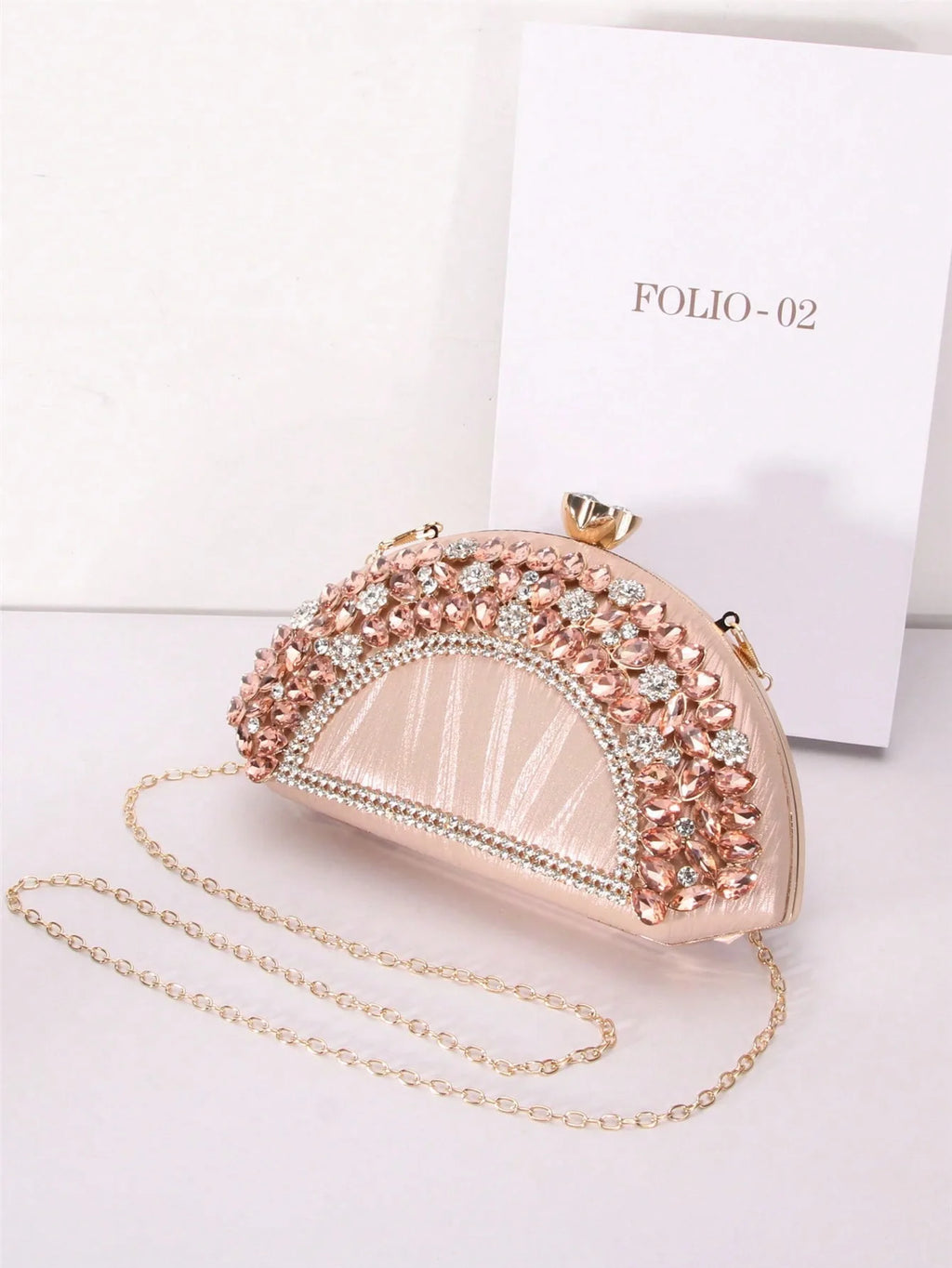 Luxury Collection Four Elegant Semi Circular Handbags in Black Pink Silver Sparkling with Golden Accents Colorful Gems