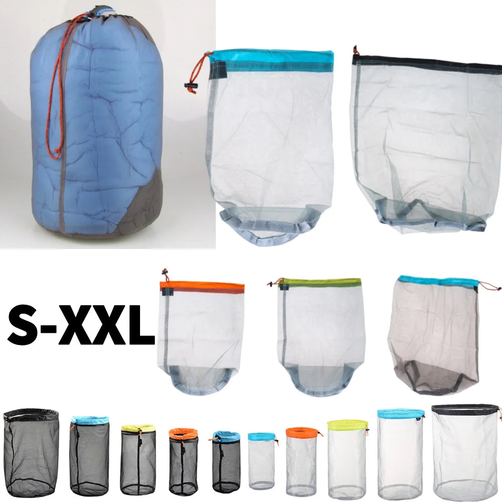 Outdoor Ultralight Mesh Storage Bag Breathable For Sports Camping Drawstring Storage Pack Hiking Travel Tools Compression Bags
