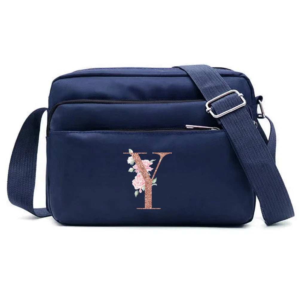 Large Capacity Travel and Commuting Storage Blue Bag Rose Gold Series Print Pattern Multi-layer One Shoulder Crossbody Bag