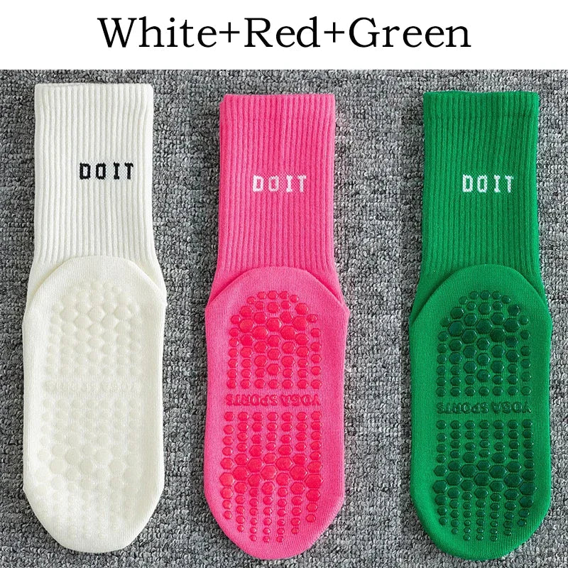 3Pairs Yoga Socks for Women Cotton Solid Mid Calf Pilates Socks Simple Sports Dance Fitness Training Cushion Socks
