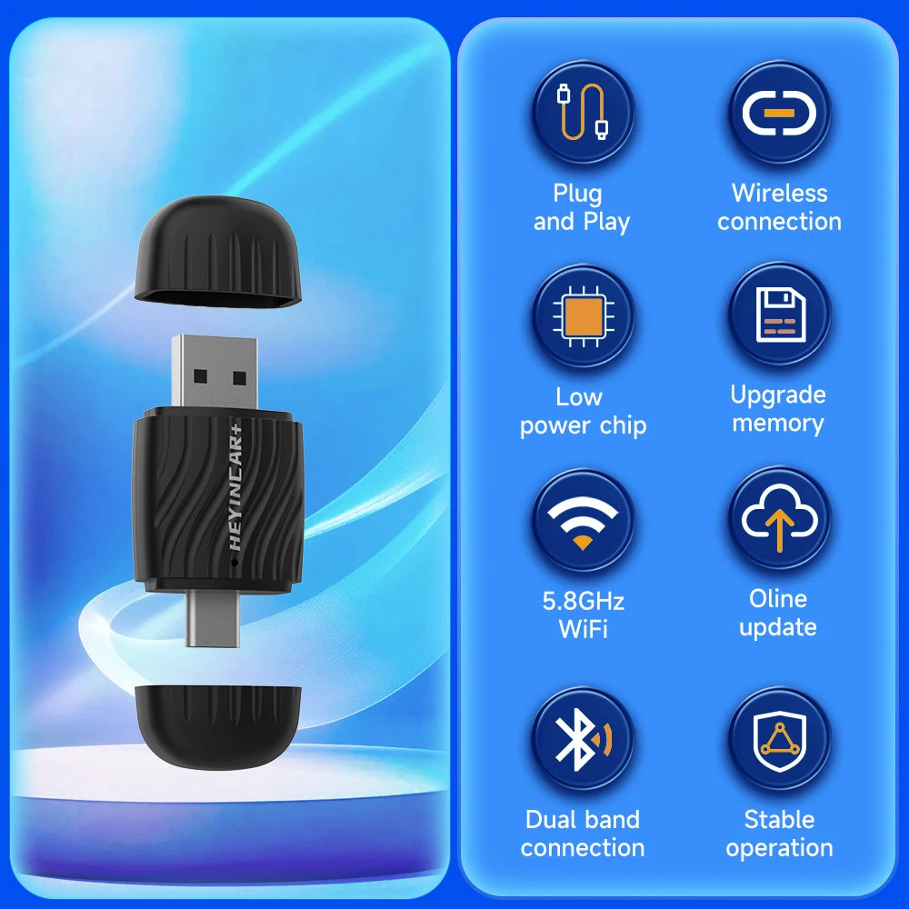 HEYINCAR 2 in 1 Universal Wireless CarPlay/Android Auto Wireless USB/Type-C Interface Adapter Smart Mini Box Plug Fast Connect