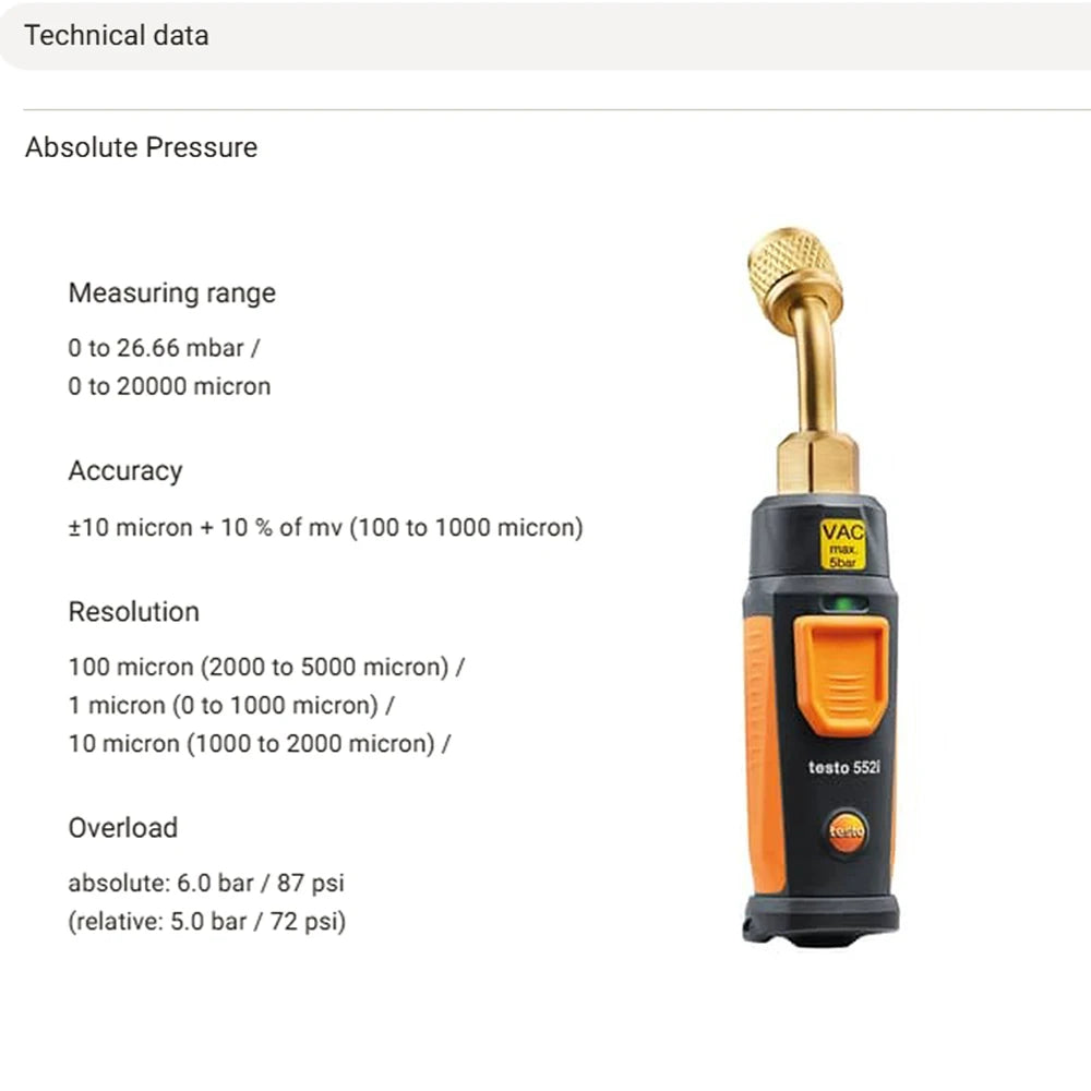 Testo 552i Wireless Digital Vacuum Probe Vacuum Gauge for HVAC Systems with APP