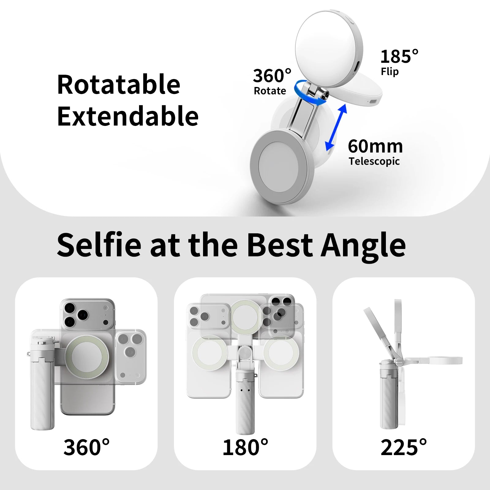 Portable Dual-Sided Magnetic Selfie Stick 25.78‘’Extendable Tripod Phone Stand with Wireless Remote Zoom for Live Streaming Vlog
