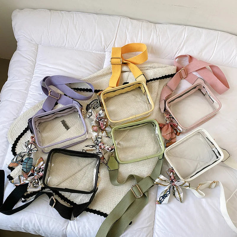 Clear Transparent Jelly Crossbody Bag Storage Bag With Scarf PVC Shoulder Bag Square Purse Jelly Bag Transparent Handbag Outdoor