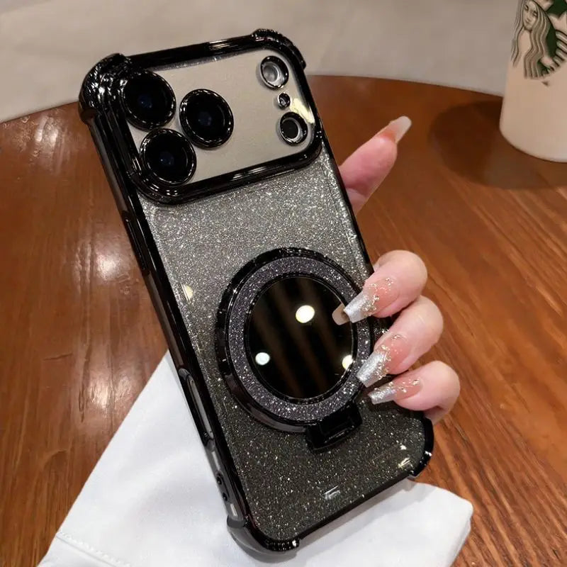 Glitter Shockproof Mirror Magnetic Bracket Case For iPhone 17 Air 16 15 14 Plus 13 12 11 Pro Max Plating For Magsafe Soft Cover