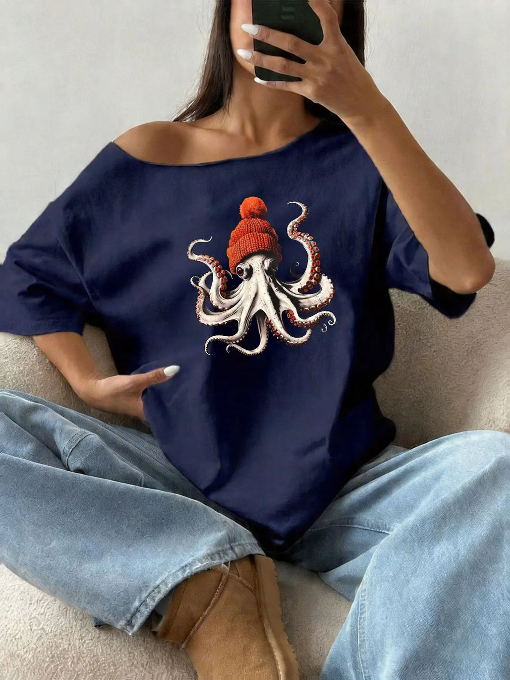 100% Cotton Plus Size Octopus Beanie Graphic Print Shoulder Loose Print T-Shirt Oversized Y2K Style Graphic Tees Women Tops S