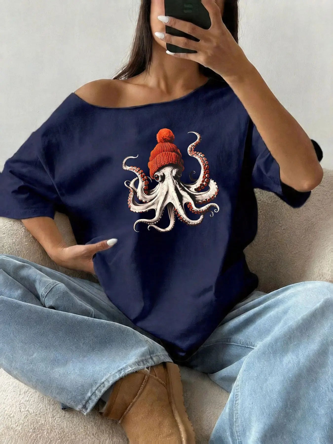 100% Cotton Plus Size Octopus Beanie Graphic Print Shoulder Loose Print T-Shirt Oversized Y2K Style Graphic Tees Women Tops S