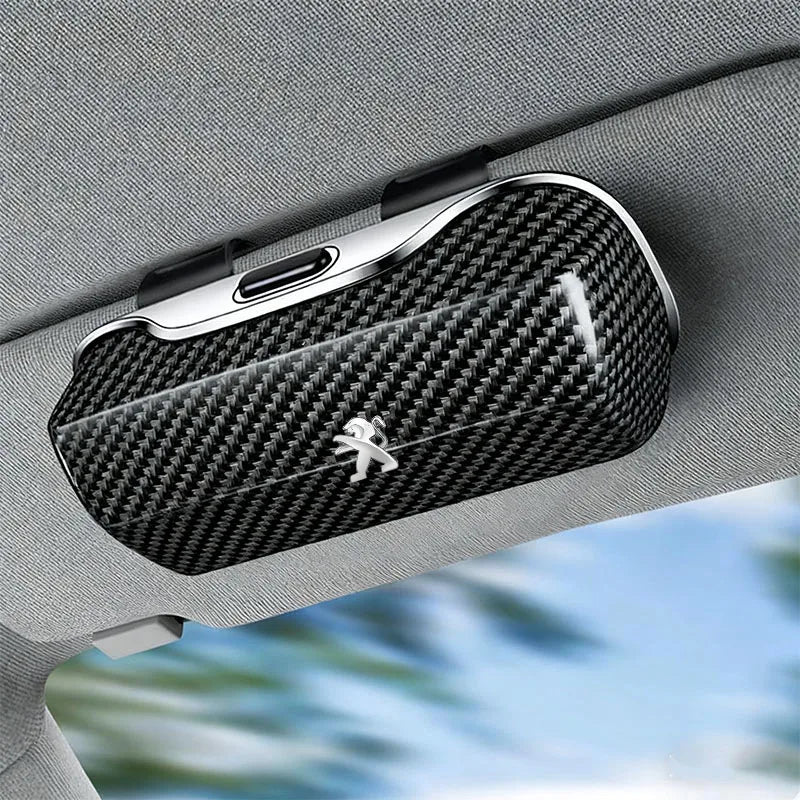 For Peugeot Car Sunglasses Holder, ABS Visor Glasses Case Clip Carbon Fiber Texture Car Sun Visor Glasses Box Storage