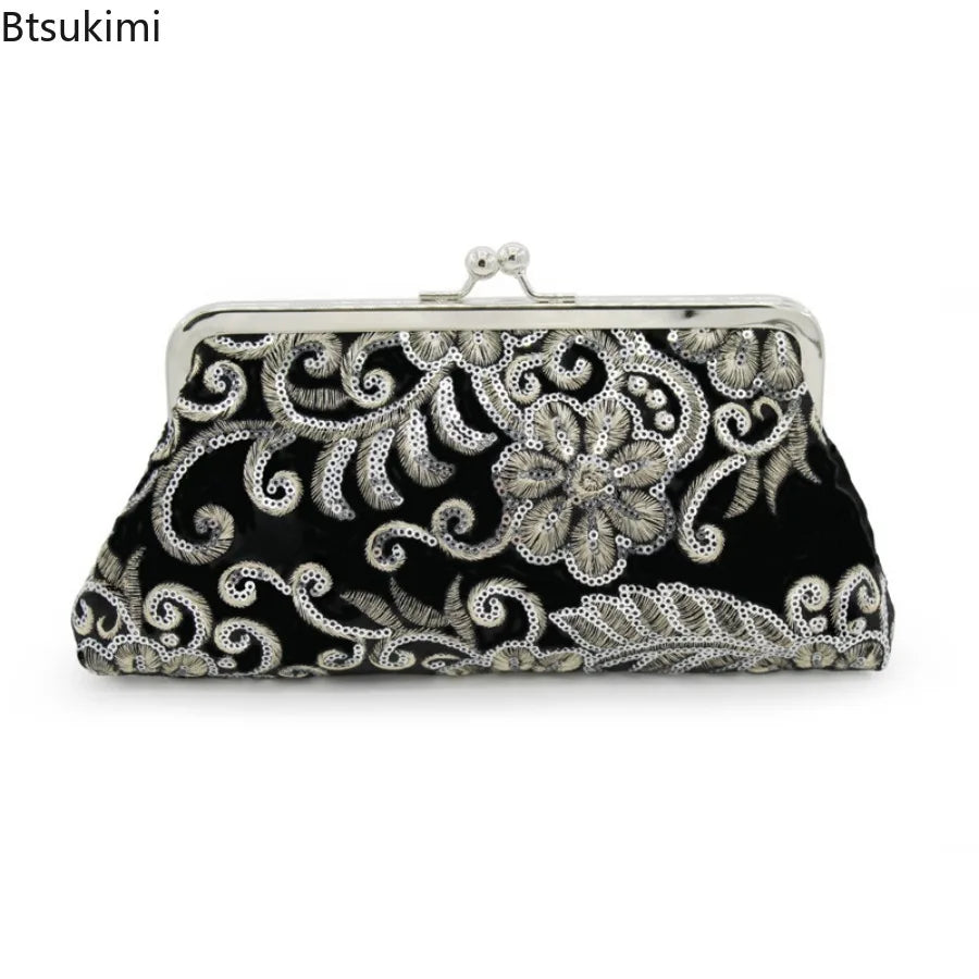 New Women's Velvet Cheongsam Bag Bridal Vintage Dinner Handbags Prom Cocktail Party Evening Bags Embroidered Chain Clutch Purses