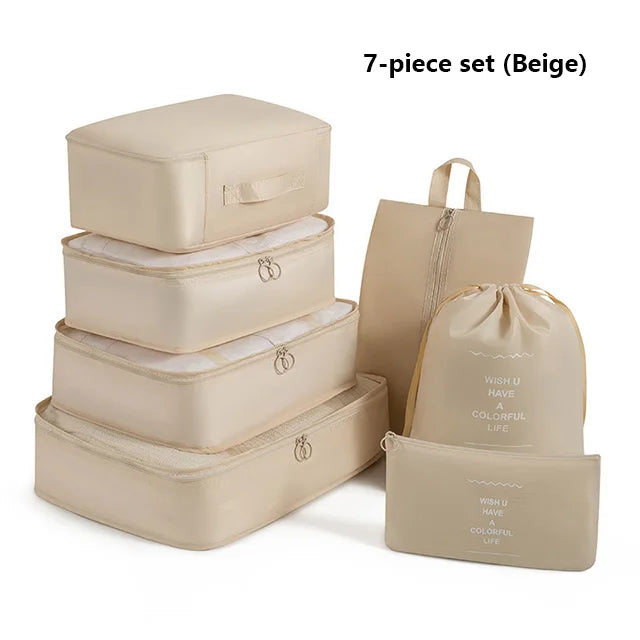 9Pcs Travel Packing Cubes Set Waterproof Luggage Organizer with Drawstring Pouches for Clothes Shoes Cosmetics Underwear - Suitc