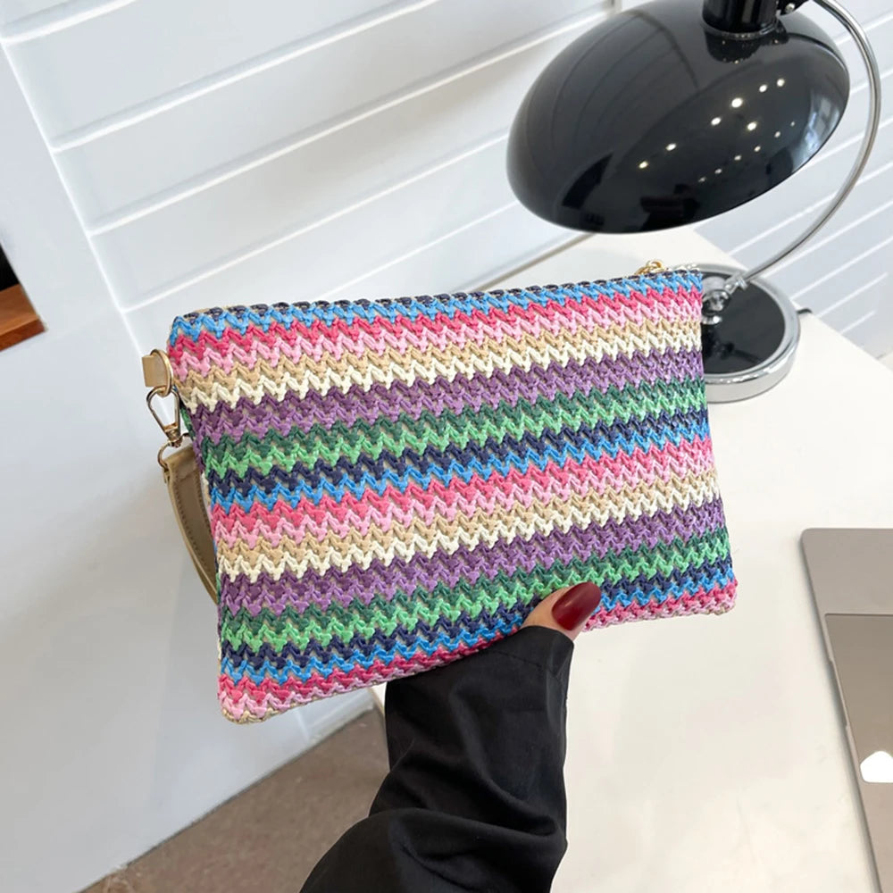 Vintage Hand Woven Clutch Bag Colourful Money Beach Long Bag Handmade Casual Portable Elegant Exquisite for Weekend Vacation
