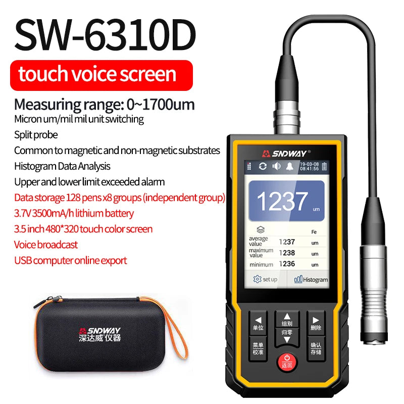 SNDWAY Coating Thickness Gauge For Cars SW-6310A 0.1um/0-1700 FE/NFE Paint Film Thickness Tester Coating Micro Meter Paint Tools