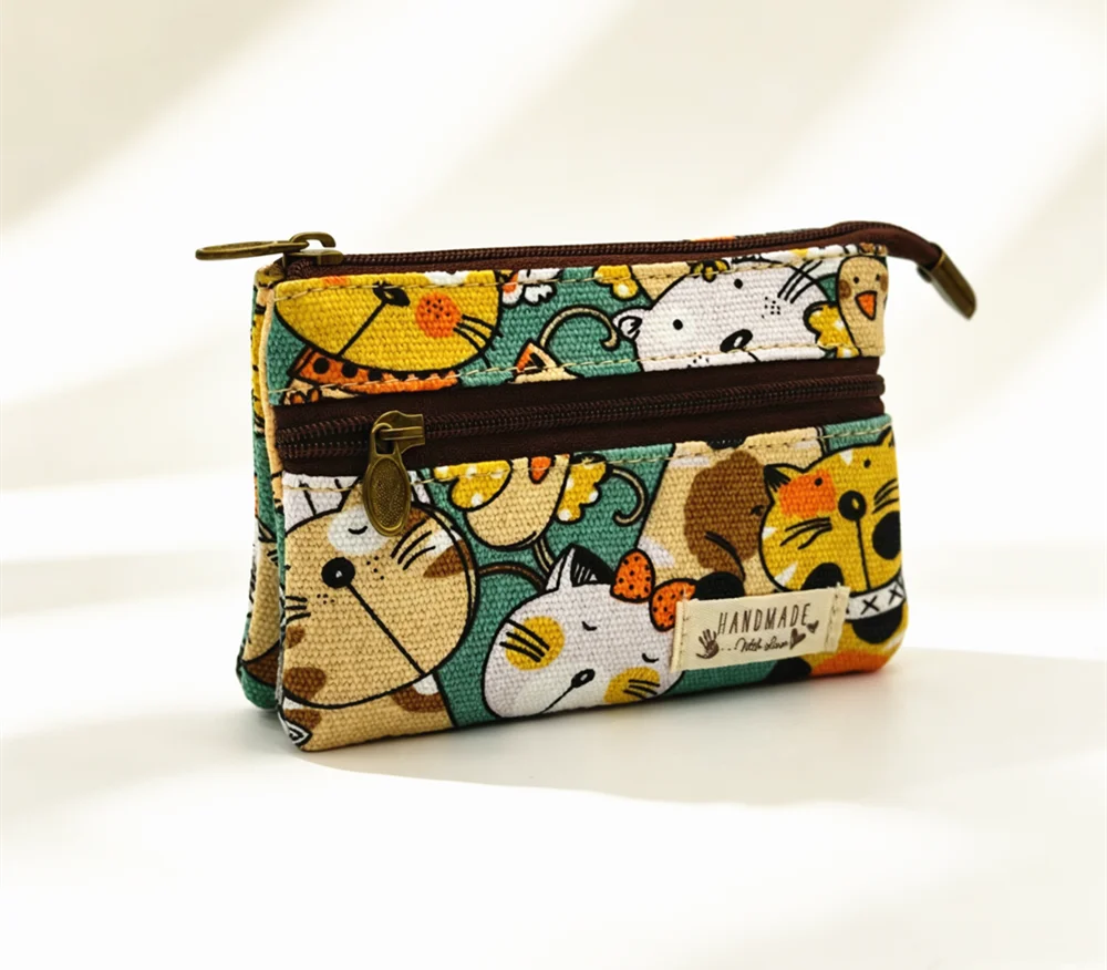 Women's short purse with cotton fabric printed design, light and fresh style, card holder, coin holder, student's small wallet