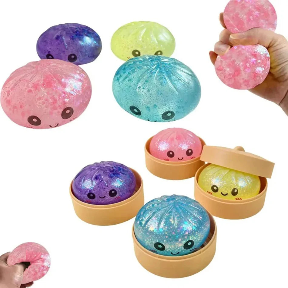 Glitter Dumpling Squishy with Box Dumplings Sensory Steamer Soft TPR Dough Ball for Decompression Fidget Toy Stress Relief Gift