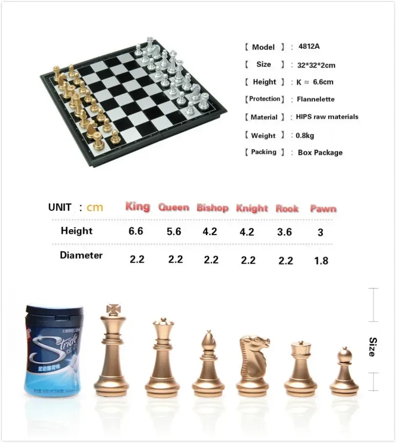 Magnetic International Chess Pieces Set, Folding Table Board, 3 Different Size, 36x31cm King 7.2cm