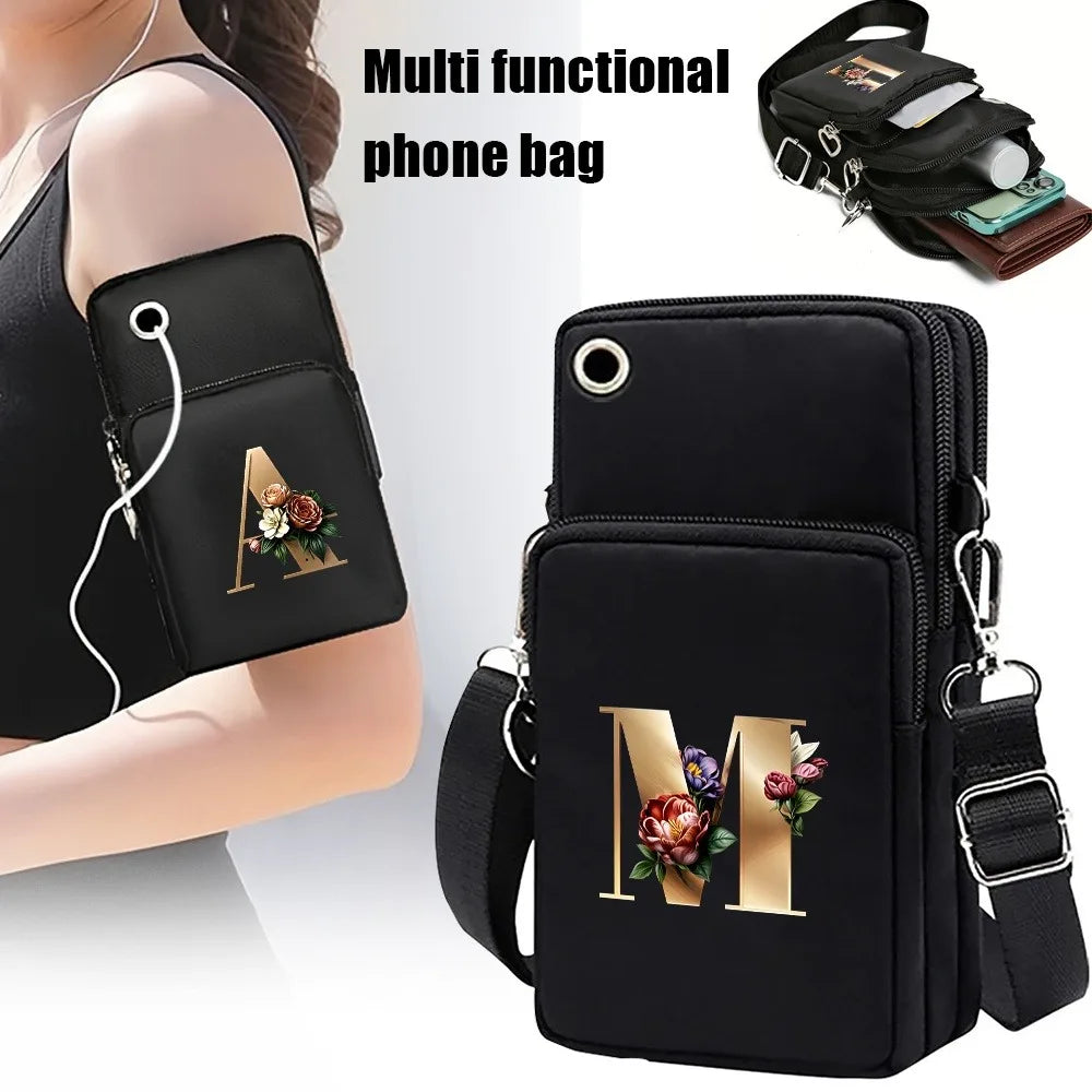 Fashion A-Z Letter Print Women's Crossbody Bag Large Capacity Three-Layer Zipper Phone Bag Daily Travel Coin Purse