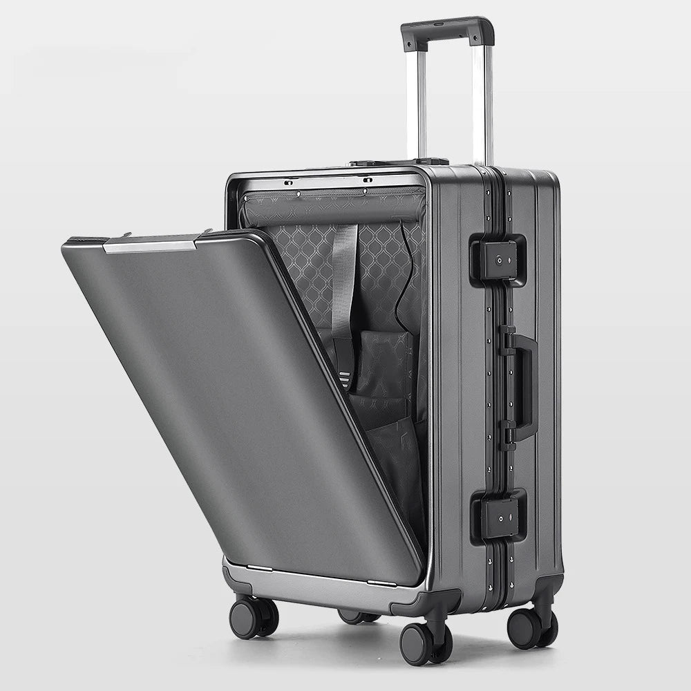 KLQDZMS Front Opening Compartment Multifunctional Aluminum Frame Luggage 20/24/26 Inch  Large Capacity Password Travel Suitcase
