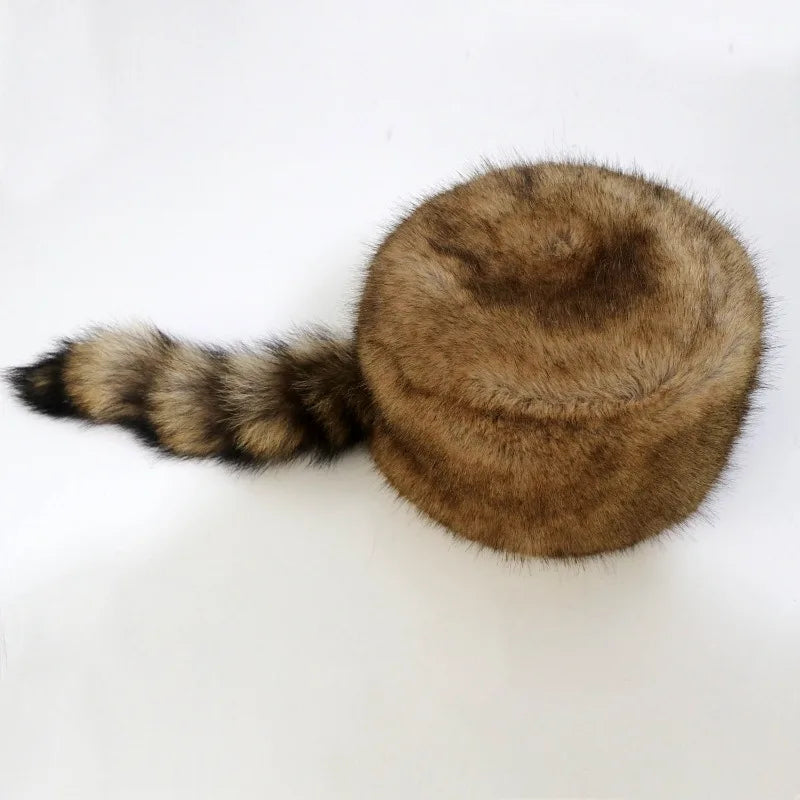 Autumn and Winter New Fashion Flat Top Russian Style Hat Warm Thicken Plush Raccoon Hat for Adult Kids Unisex Fur Hat Winter