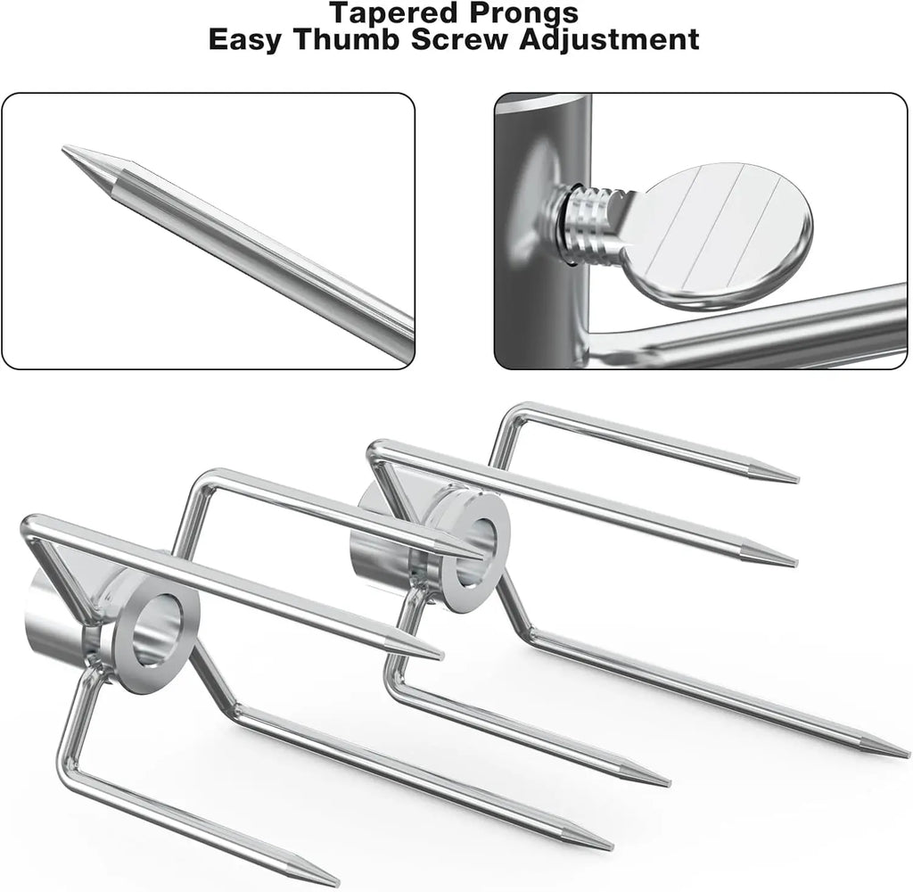 Double Sided Rotisserie Fork 304 Stainless Steel 4 Prong BBQ Grill Skewer 5/16 Spit Rod Outdoor Roasting Camping Meat Tool