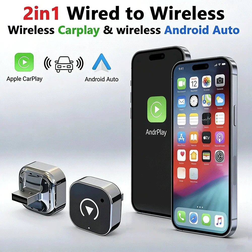 2in1 Wireless CarPlay Dongle with Android Auto Adapter AI Smart Box Car Intelligent System for Cars with Wired CarPlay