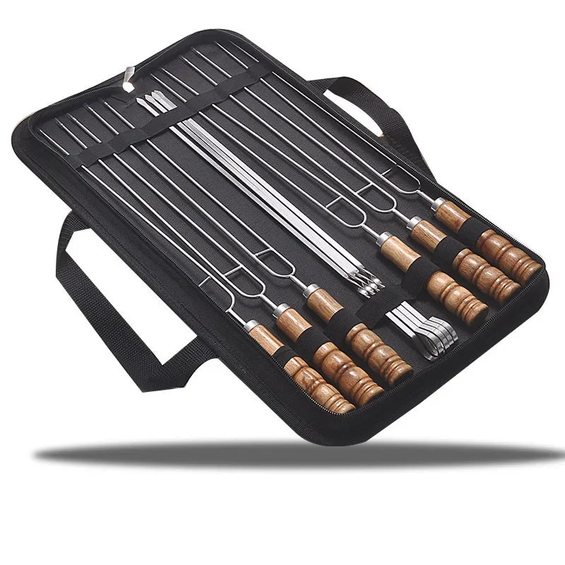Outdoor Barbecue Needle Set Wire BBQ Skewers Wood Handle Grill Roasting Sticks Camping Tools Storage Bag Kit Beech wood handle