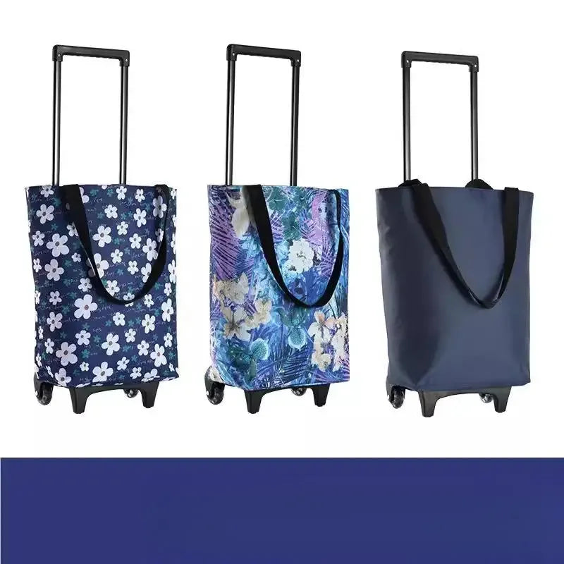 Cartoon Foldable Shopping Cart Waterproof Telescopic Handle Trolley Bag Reusable with Hand Straps Foldable Shopping Bag
