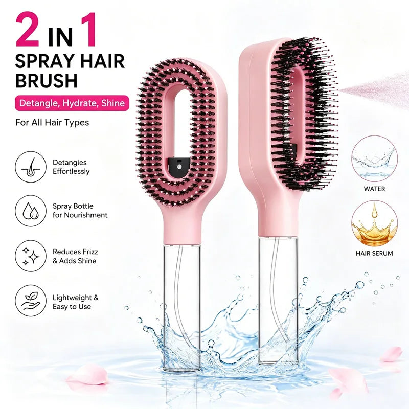 2in1 Spray Hair Brush Detangling Scalp Massage Comb with Water Mist Spray Anti-static Smooth Hair Styling Tool for Home & Travel