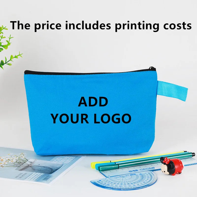 20/30/50/100bags/lot Customized Logo Colored Canvas Makeup Bag, Women's Handbag, Student Pencil Case 25x13x4.5cm