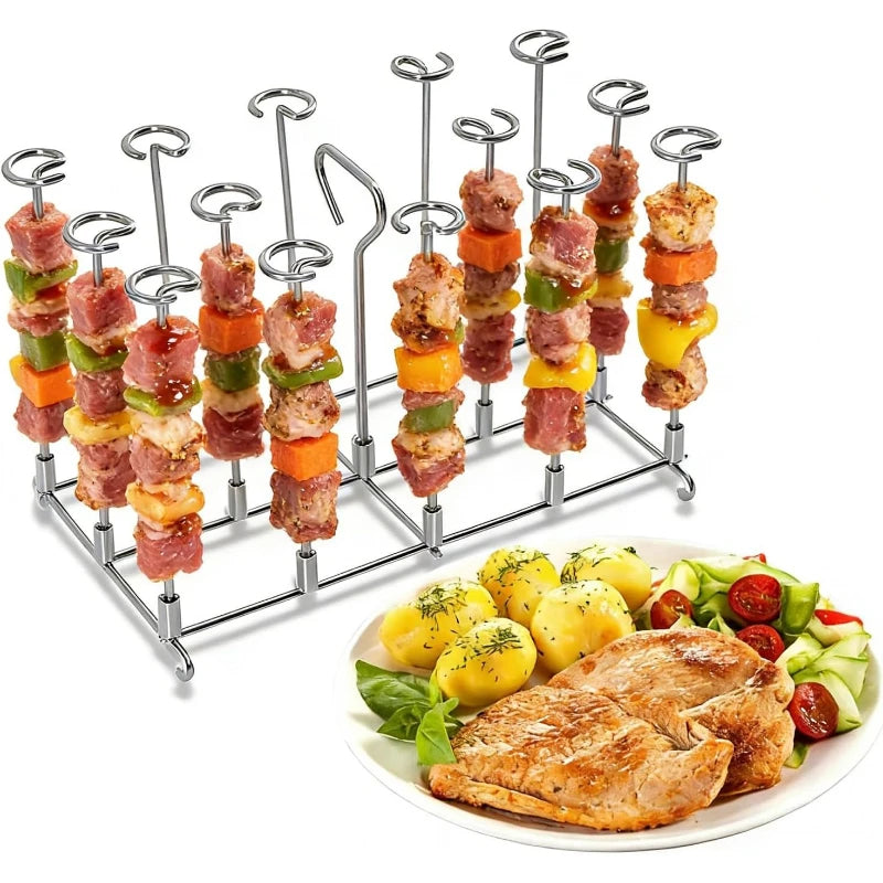 Stainless Steel Vertical 14 Skewer Rack For Air Fryer Oven Hanging Barbecue Stand Roast Meat String Holder Grilling Accessory