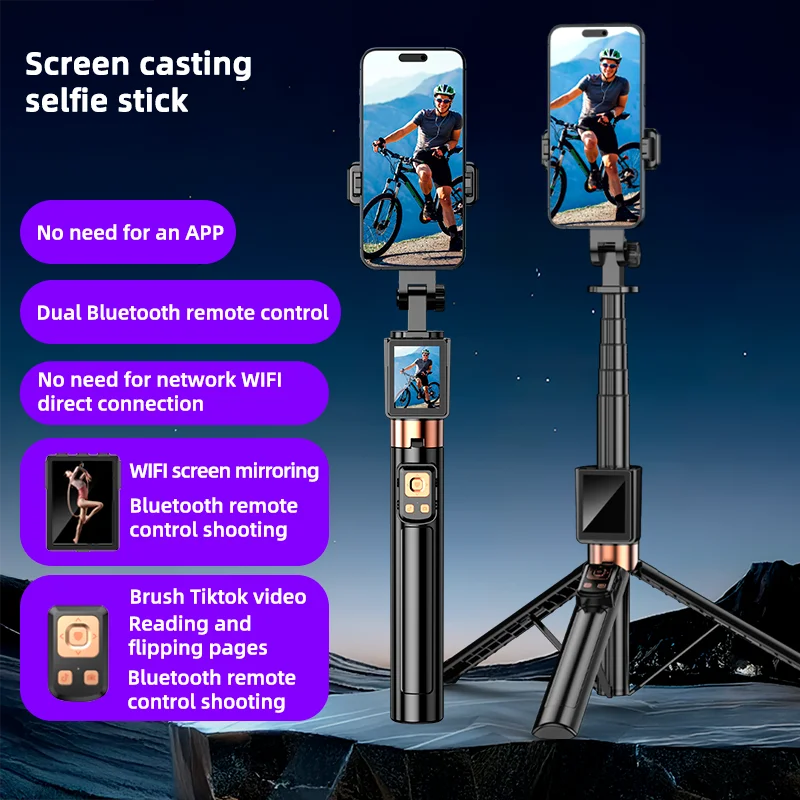 CL10 Selfie Stick Tripod Stand with Small Screen Casting Selfie Monitor with Remote Control Extendable Tripod for Smartphone