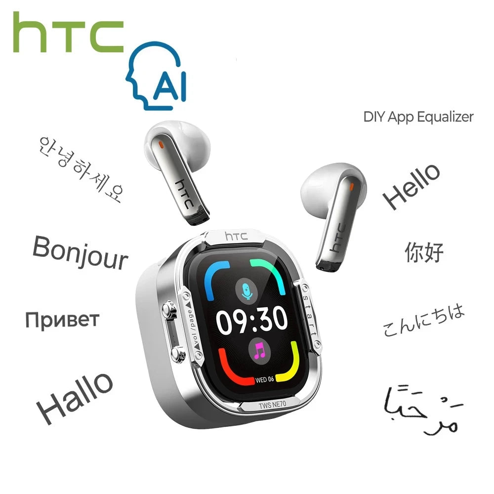 HTC NE70 Bluetooth Headphones Smart Touchscreen Wireless Earphones AI Translator Earbuds Gaming Headset HD Bass Stereo Sound