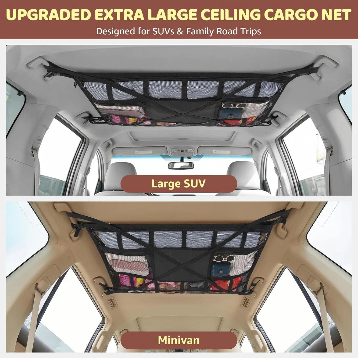 1PCS Car Roof Top Ceiling Cargo Storage Net Pocket Mesh Organizer Bag Car Interior Storage Accessories For SUV Van Camping Cab