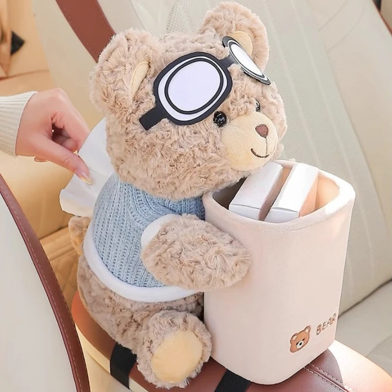 Cute Bear Car Tissue Boxes and Bin 2 in 1, Creative Storage Rack, Armrest Storage Cute Car Accessories Tissue Holder