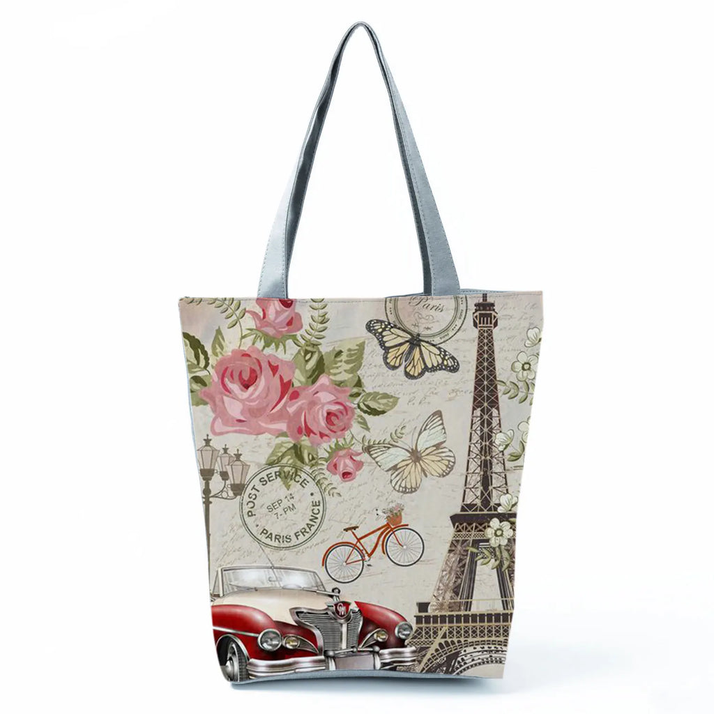 Floral Eiffel Tower Print Tote Bag Paris Landscape Shoulder Bag Fashion Pretty Handbags High Capacity Shopping Bag Eco Beach Bag