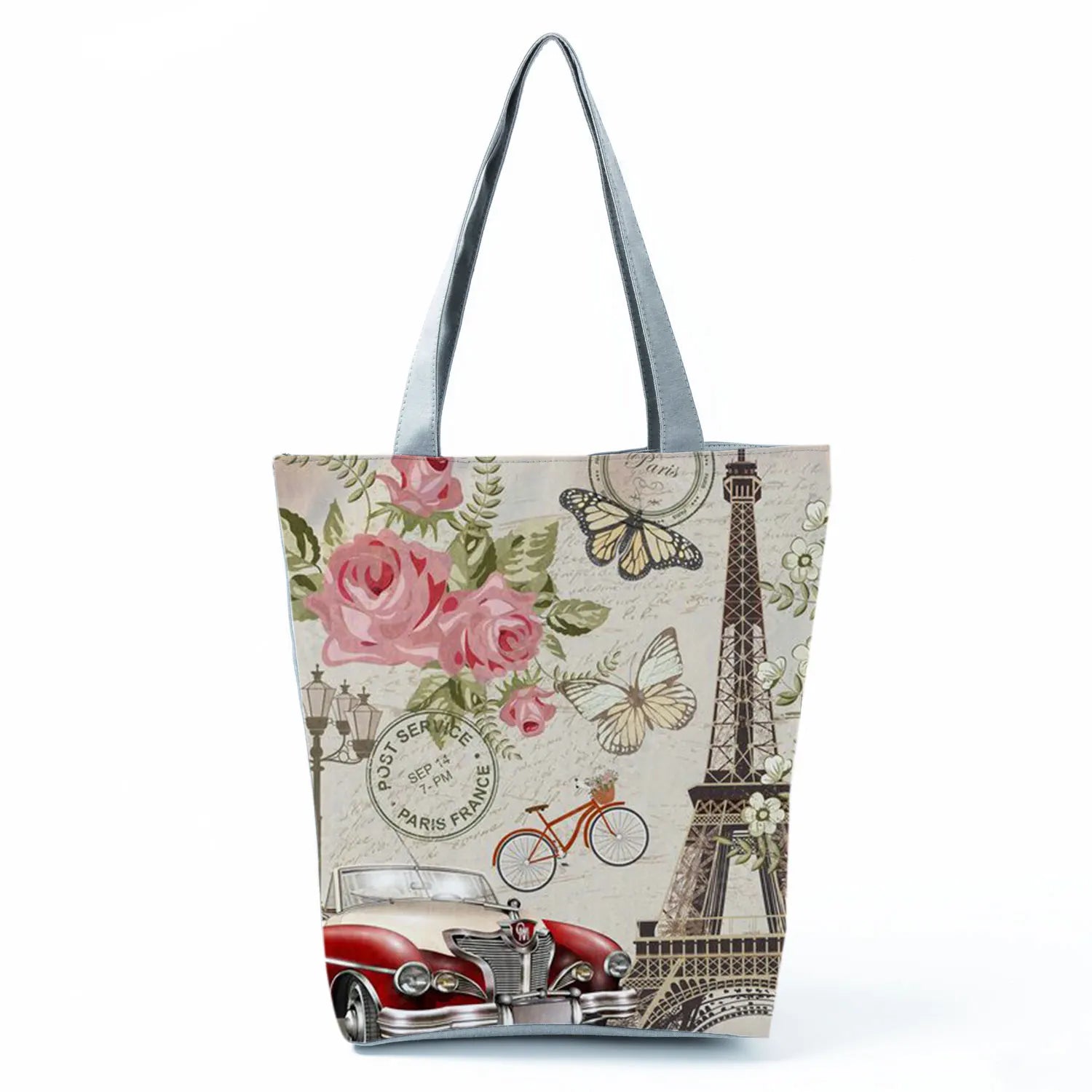 Floral Eiffel Tower Print Tote Bag Paris Landscape Shoulder Bag Fashion Pretty Handbags High Capacity Shopping Bag Eco Beach Bag
