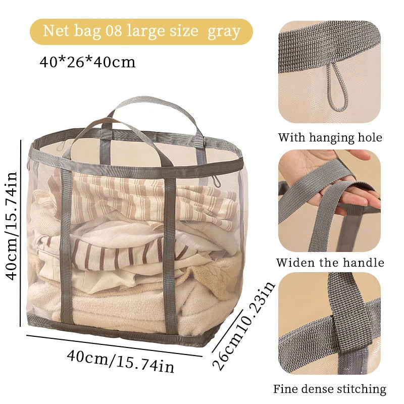 Mesh Laundry Basket Nylon With Handle Breathable Folding Portable Dirty Clothes Underwear Organizer Bags Large Capacity Storage