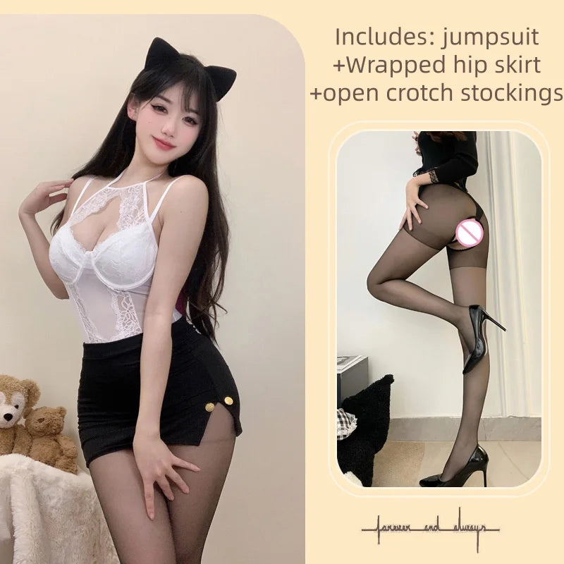 New Wrapped Hip Skirt Tight-fitting Hot Sleeveless Flirtatious Lace Mesh See Through Hollowed Out Neckband Tie Lingerie Jumpsuit