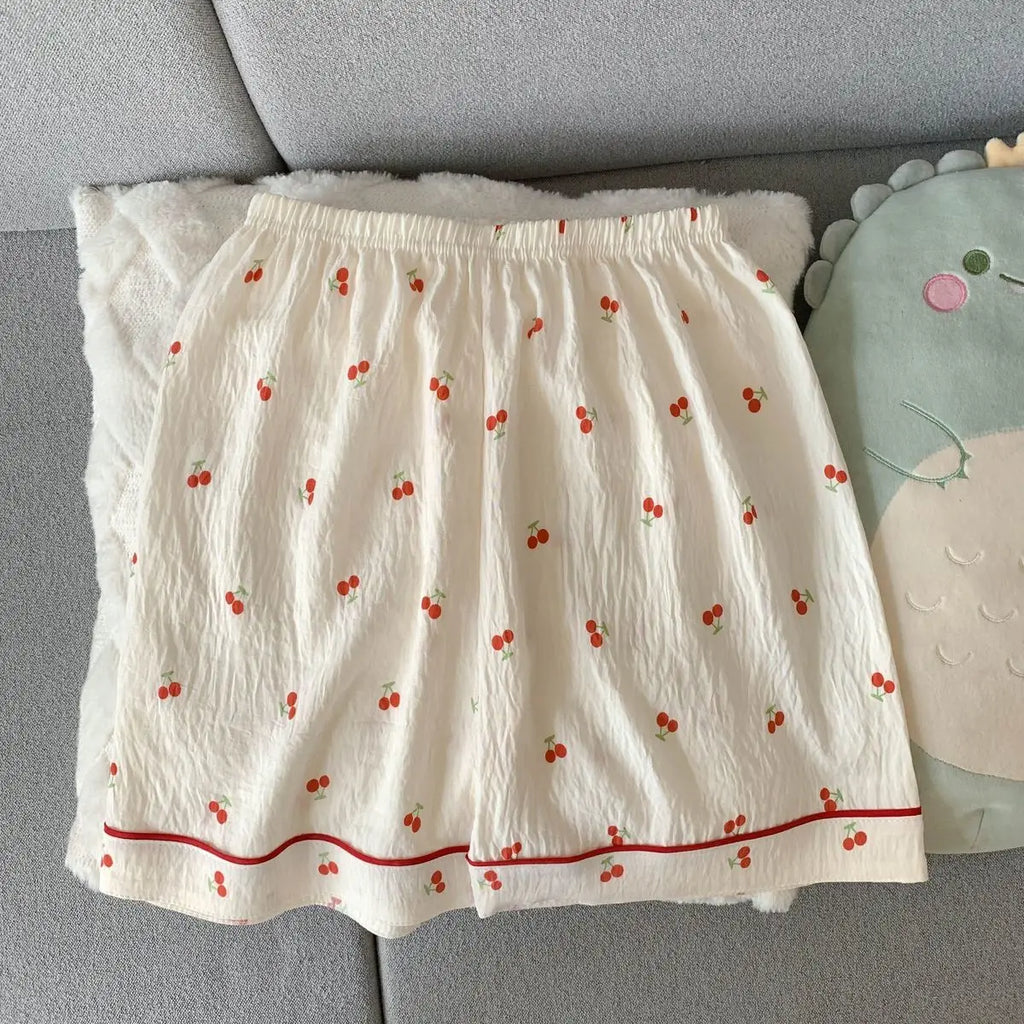 Women's Summer Pajamas, Thin Cherry-Patterned Short-Sleeved Shorts, Sweet and Cute, Can Be Worn Outside in Summer, Two-Piece Home Wear Set