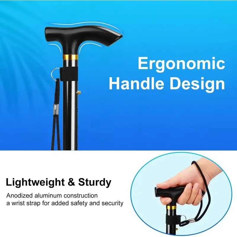 Portable Folding Walking Cane 5 Level Height Adjustable Walking Stick with Wrist Strap Lightweight Travel Mobility Aid