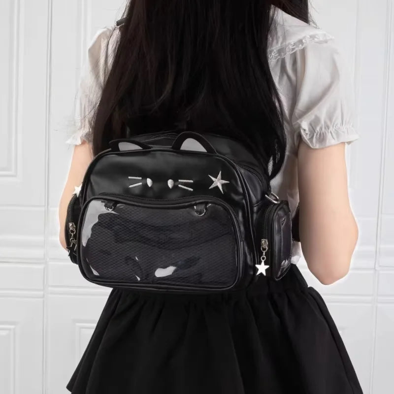 Y2K Korean Japan Kawaii Cat Ita Bag PU Cute Girls Transparent Pocket Aesthetic Shoulder Crossbody Bags Women's Fashion Backpacks