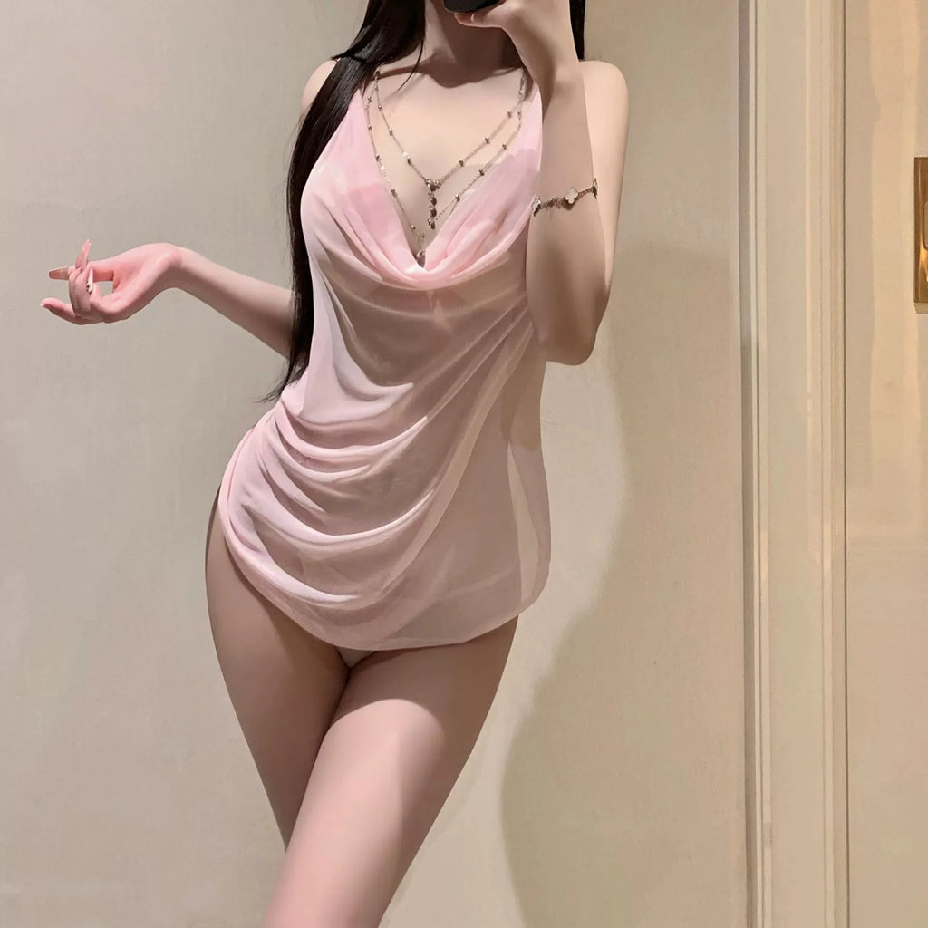 Pure Desire Halter Neck Mesh Swing Collar Beautiful Breasts Halter Sexy Nightdress Sexy Temptation Mesh See-through Pajamas