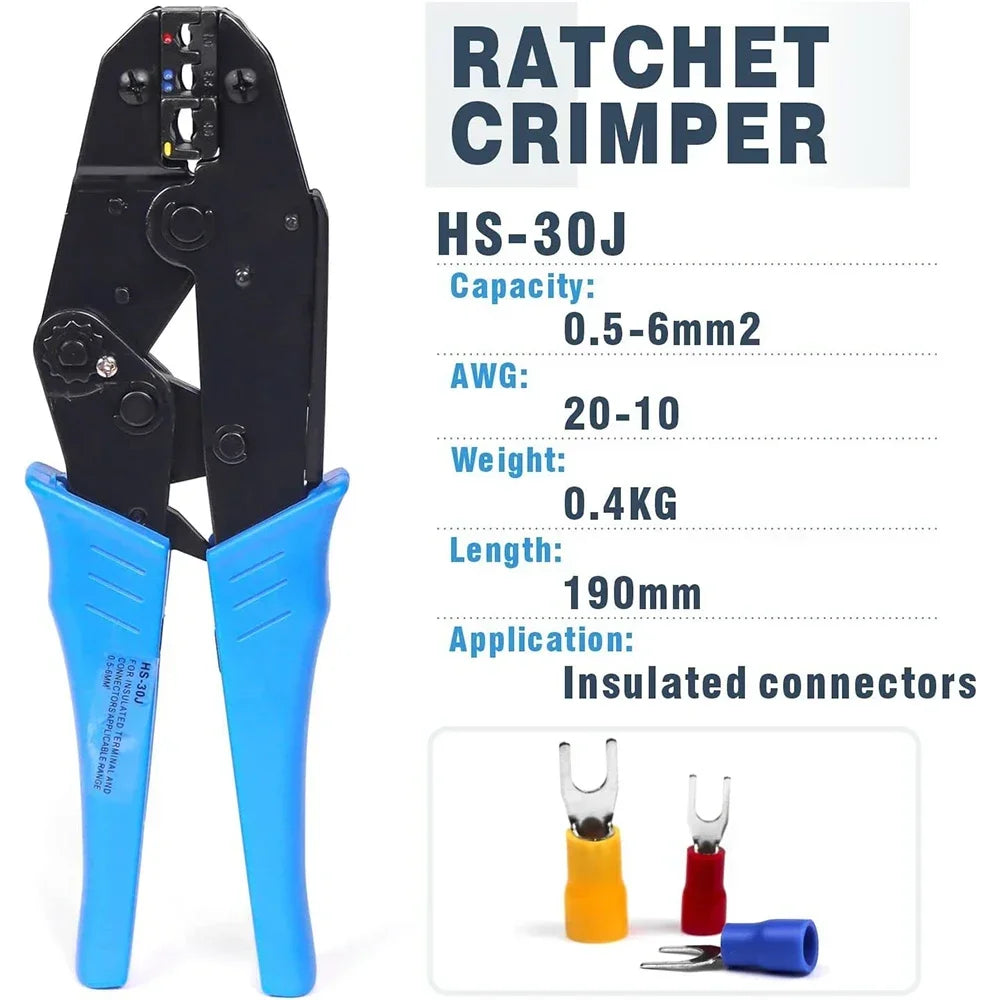 HS-30J Professional Insulated Wire Terminal Connector Ratchet Crimper, Wire Crimping Tool, Crimping Pliers 20-10AWG (0.5-6mm²）
