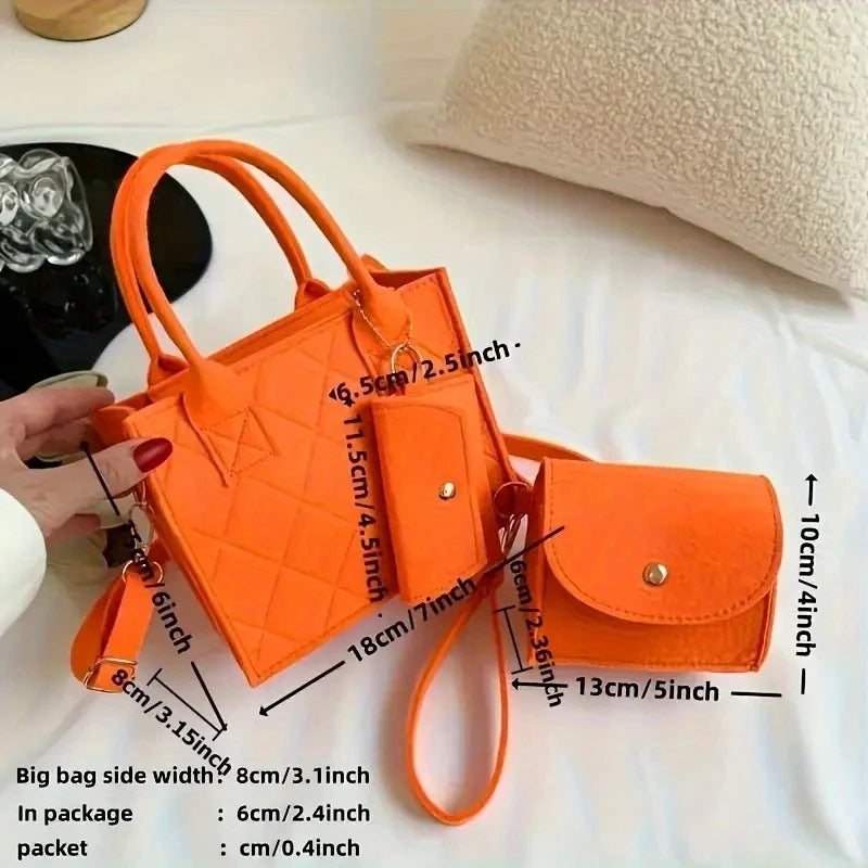 3pcs Women's Crossbody Bag and Handbag Set with Top Handle Design, Felt Quilted Tote Bag for Dating, Shopping, Work, Travel More