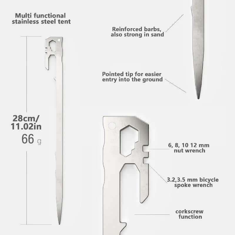 Tent Stakes 11 inch 6-PCS Multifunctional Stainless Steel Heavy Duty Metal Peg 2.47 oz Light Weight Portable Wind-Resistant Size