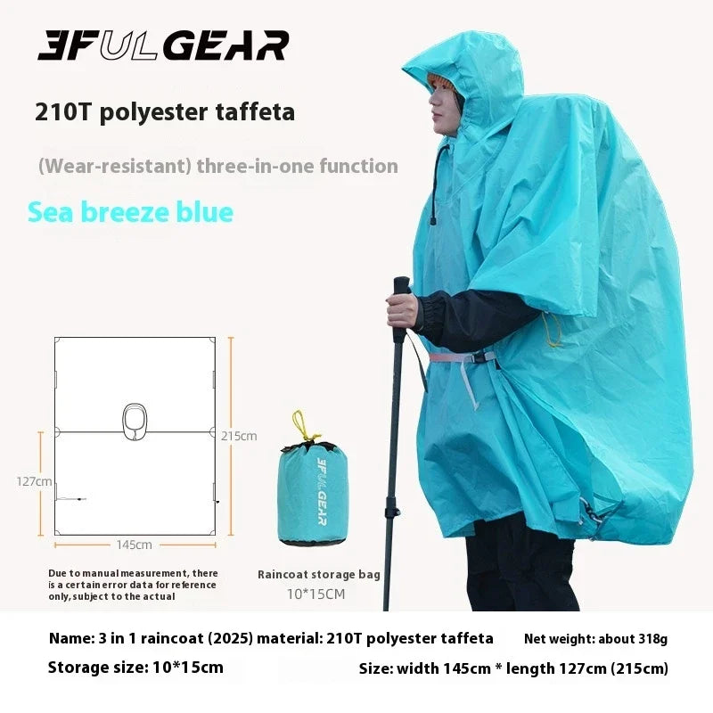 3F UL GEAR 3 In 1 Ultralight Hiking Raincoat Camping Poncho Tarp Outdoor Awning Travel Rain Coats 15D Silicone Rain Jacket Cover