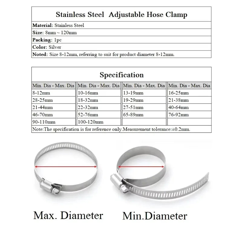 1PCS Stainless Steel Hose Clamps Diameter 8mm ~ 120mm Adjustable Tri Gear Worm Fuel Tube Water Pipe  Fixed Clip Spring Cramps